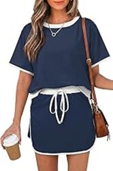 Opemiby Womens 2 Piece Skort Set 2026 Color Block Short Sleeve Top Drawstring Skort Matching Sets Casual Lounge Summer Outfit