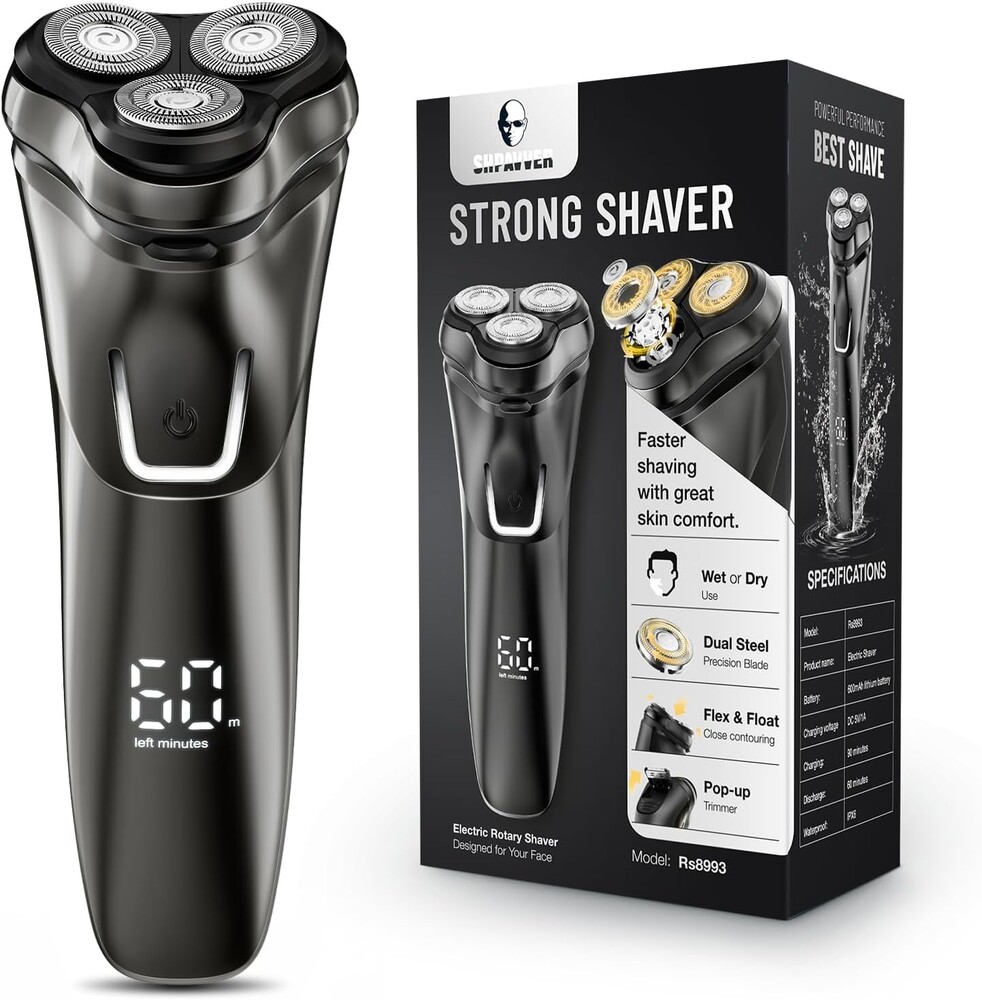 Electric Razor for Men Cordless: Wet/Dry Rotary Shaver Waterproof - USB Fast Charging & Sensitive Skin Care - Pop up Trimmer & Precision Blades Upgraded Gorgeous Black Upgraded