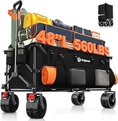 48" L Folding Beach Wagon Cart Foldable, 560lbs Weight Capacity 300L Heavy Duty Collapsible Wagons with Big All-Terrain Wheels, Utility Carts for Groceries, Shopping, Camping, Sports - Black