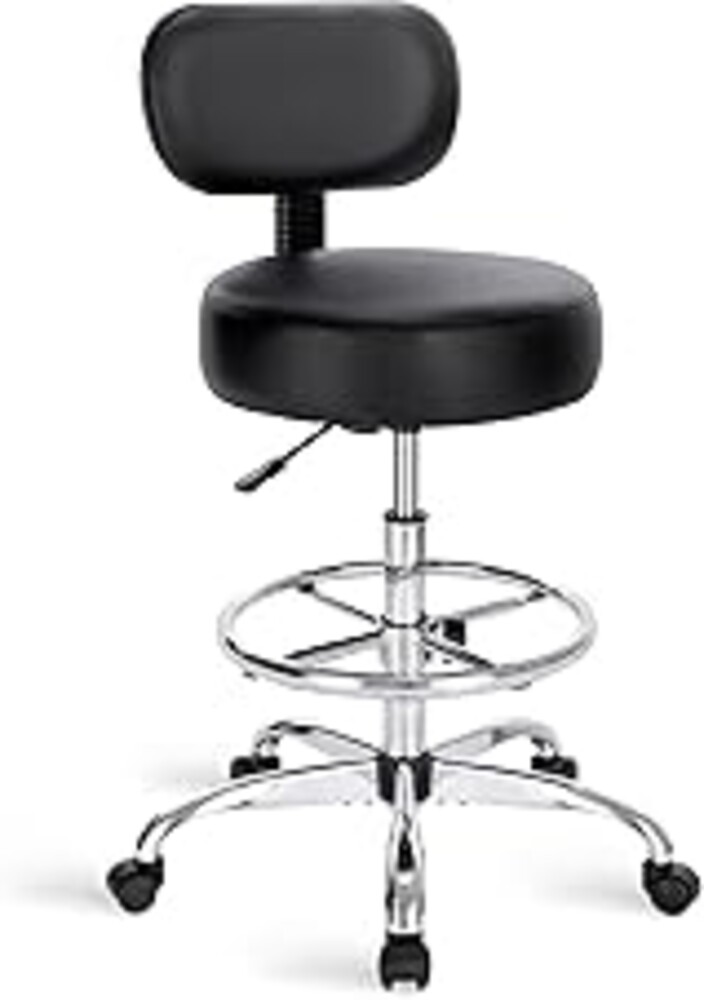SUPERJARE Drafting Chair with Back, Adjustable Foot Rest Rolling Stool, Multi-Purpose Office Desk Chair, Thick Seat Cushion for Home Bar Kitchen Shop - Black