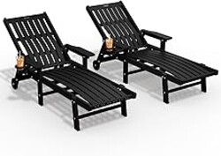 THOEOE Patio Chaise Lounge Chair Set of 2, Oversized Lounge Chair Outdoor with 5 Positions, 78″ Long, HDPE, Patio Lounge Chair with Wheels & Cup Holder for Pool, Deck, Poolside,Black