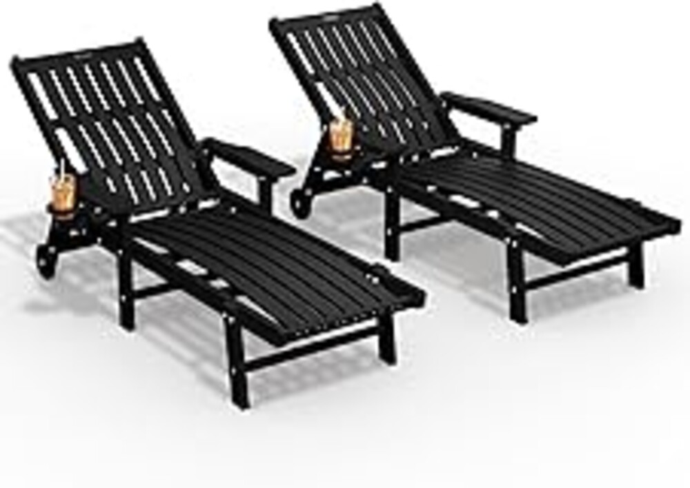 THOEOE Patio Chaise Lounge Chair Set of 2, Oversized Lounge Chair Outdoor with 5 Positions, 78″ Long, HDPE, Patio Lounge Chair with Wheels & Cup Holder for Pool, Deck, Poolside,Black