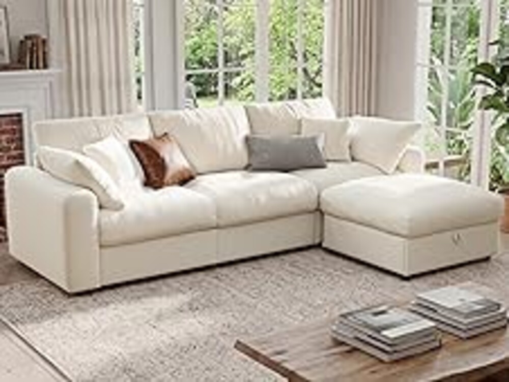 Ihanherry Cloud Sectional Couches for Living Room, 110" Large Modular Sectional Sofa with Wide Deep Seat, L Shaped Couch with Throw Pillow and Storage Ottoman, Beige