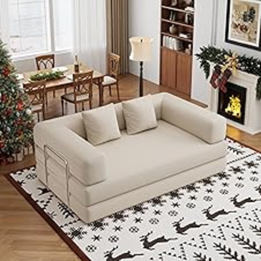 59.0 Inch Convertible Sofa Bed, 4-in-1Futon Sofas Bed Pull Out Sleeper Couch, Modern Deep Seat Sofa for Living Room, Corduroy Boneless Couches for Bedroom, Apartment, No Assembly Beige, 2 Seat
