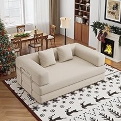 59.0 Inch Convertible Sofa Bed, 4-in-1Futon Sofas Bed Pull Out Sleeper Couch, Modern Deep Seat Sofa for Living Room, Corduroy Boneless Couches for Bedroom, Apartment, No Assembly Beige, 2 Seat