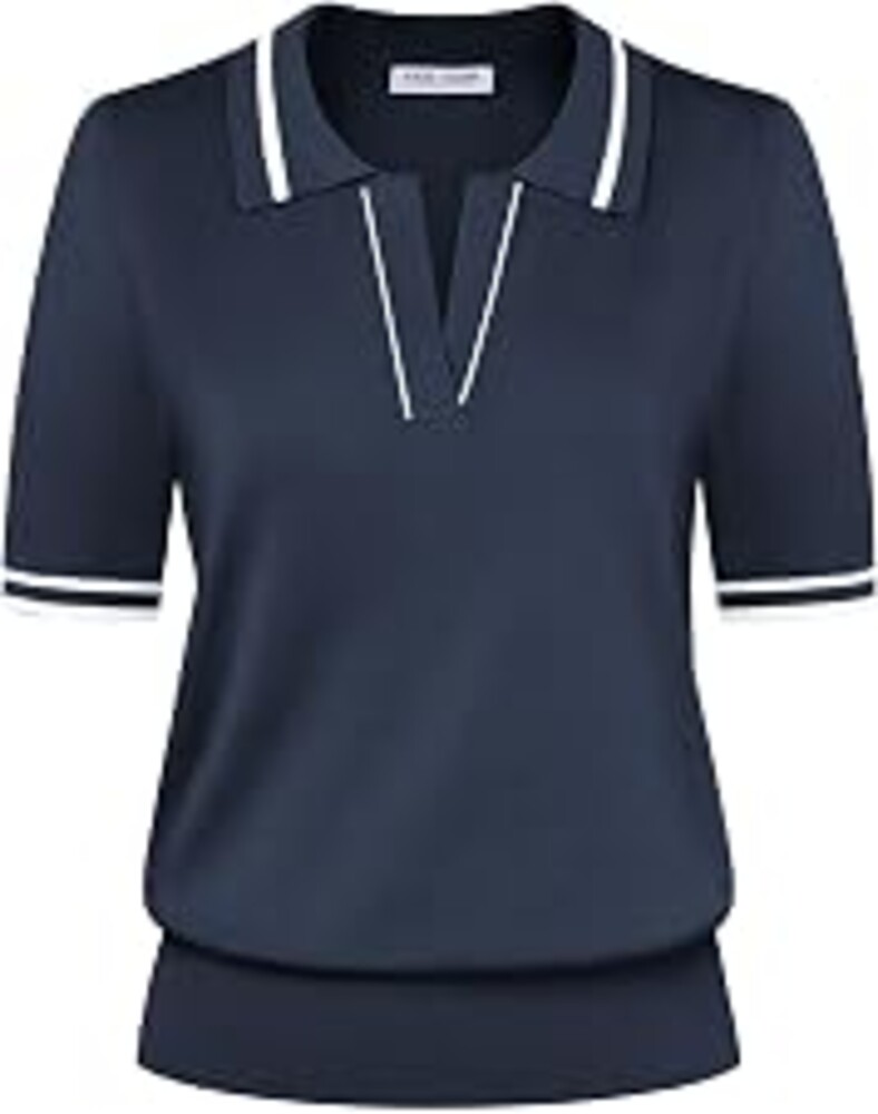 Kate Kasin Women Short Sleeve Polo Sweater V Neck Knitted Tops Casual Ribbed Shirt Loose Pullover Sweater