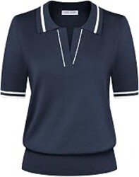 Kate Kasin Women Short Sleeve Polo Sweater V Neck Knitted Tops Casual Ribbed Shirt Loose Pullover Sweater