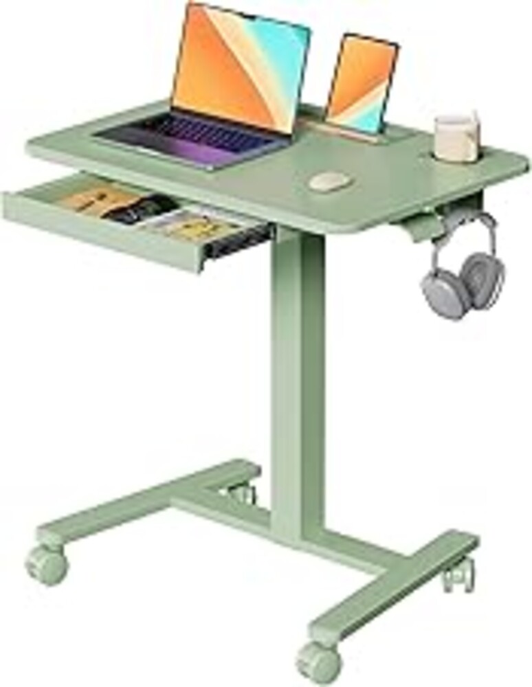 JYLH JOYSEEKER Mobile Standing Desk with Drawer, 28" Rolling Desk with Cup Holder and Hooks, Portable Laptop Workstation on Wheels, Height Adjustable Cart with Storage for Home Office, Sage Green