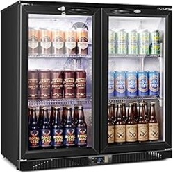 35.42" W Commercial Under Counter Beverage Refrigerator, 2 Glass Door Back Bar Cooler, Built-in/Freestanding 7.4Cuft Drink Fridge with LED Light, Auto Defrost, Low-E Glass & Safety Lock, Rebound door