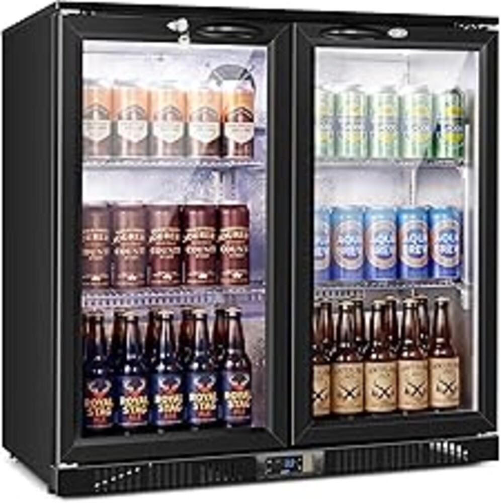 35.42" W Commercial Under Counter Beverage Refrigerator, 2 Glass Door Back Bar Cooler, Built-in/Freestanding 7.4Cuft Drink Fridge with LED Light, Auto Defrost, Low-E Glass & Safety Lock, Rebound door