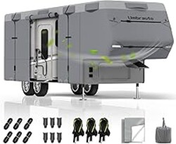 Umbrauto 5th Wheel RV Cover Fits 40-44ft Travel Trailer Motorhome, Extra-Thick Windproof Camper Cover with 6 Gutter Cover Adhesive Repair Patches, Ladder Cover