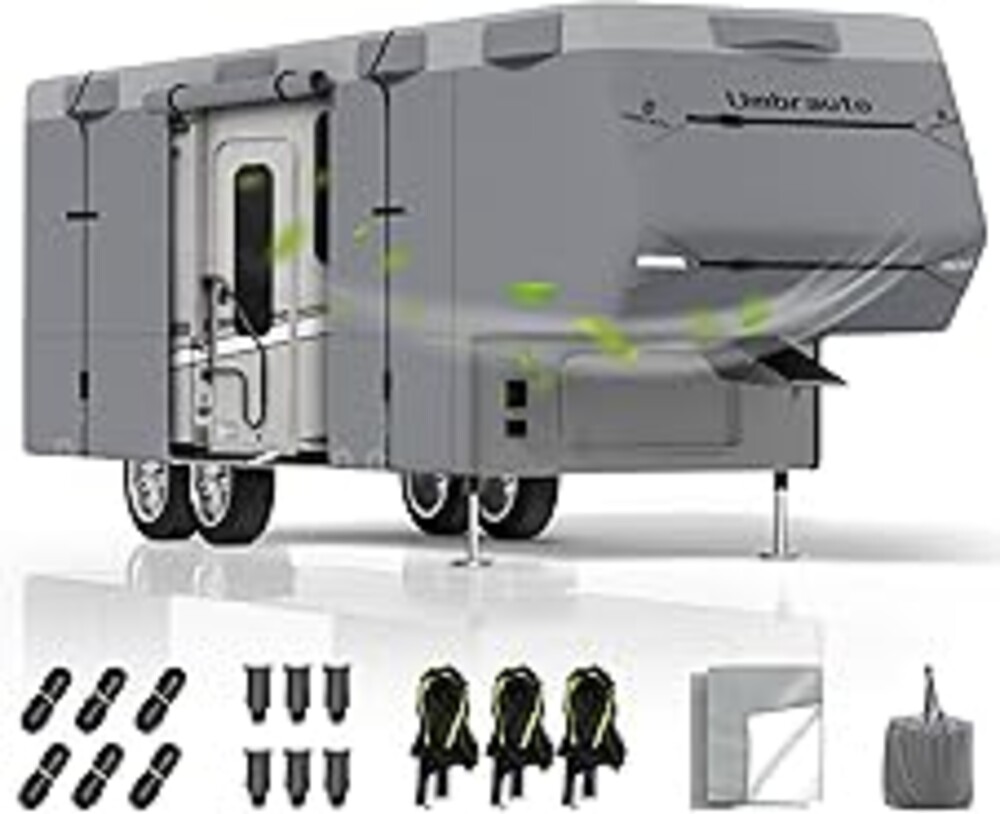 Umbrauto 5th Wheel RV Cover Fits 40-44ft Travel Trailer Motorhome, Extra-Thick Windproof Camper Cover with 6 Gutter Cover Adhesive Repair Patches, Ladder Cover
