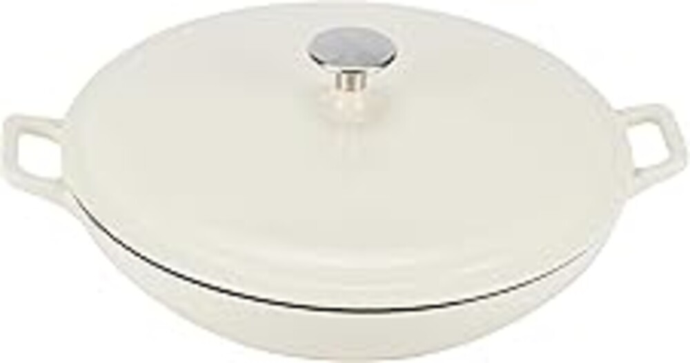 Amazon Basics Enameled Cast Iron - Covered Round Casserole Skillet with Lid, Oven Safe - 500°F, Even Heat Distribution, 3.3-Quart, White