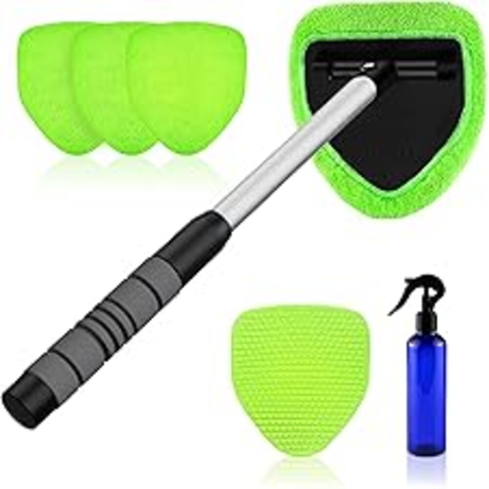 XINDELL Windshield Cleaner Tool – Car Interior Window Cleaning Kit with Extendable Handle & 4 Microfiber Pads, Auto Wiper Inside Windshield Brush for Car & Home Windows