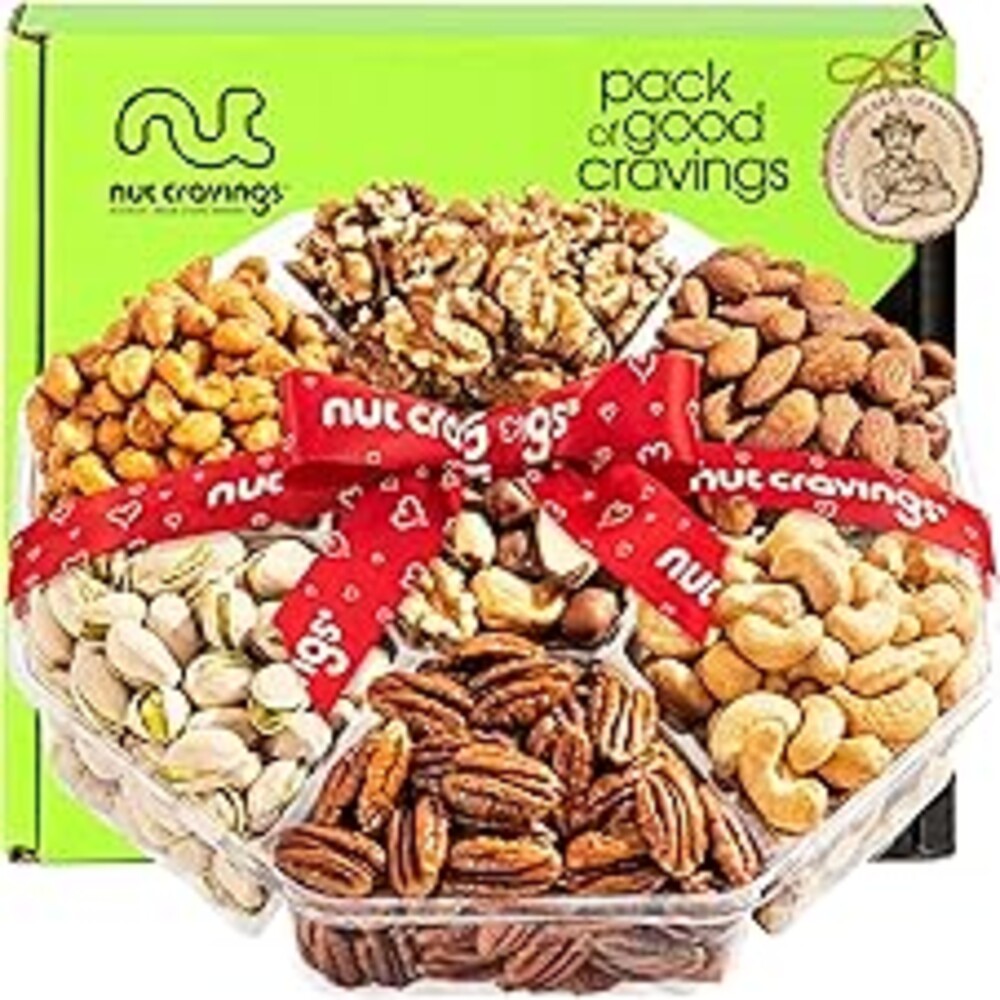 NUT CRAVINGS - Fathers Day Treats, Gift For Dad, Mixed Nuts Gift Basket + Heart Ribbon (7 Assortments) Treats for Adults, Food Arrangement, Healthy Snack Care Package, Kosher