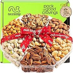 NUT CRAVINGS - Fathers Day Treats, Gift For Dad, Mixed Nuts Gift Basket + Heart Ribbon (7 Assortments) Treats for Adults, Food Arrangement, Healthy Snack Care Package, Kosher