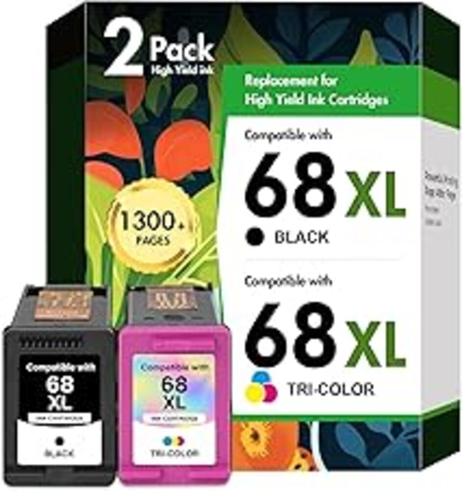 68 6155e 6555e 68XL 68e Ink Cartridges Black Color Combo Pack for HP68 Ink 68 XL Compatible for HP Envy 6100e 6500e Series Printers 6152e 6165e 6558e 6552e (2 Pack-1 Black, 1 Tri-Color)