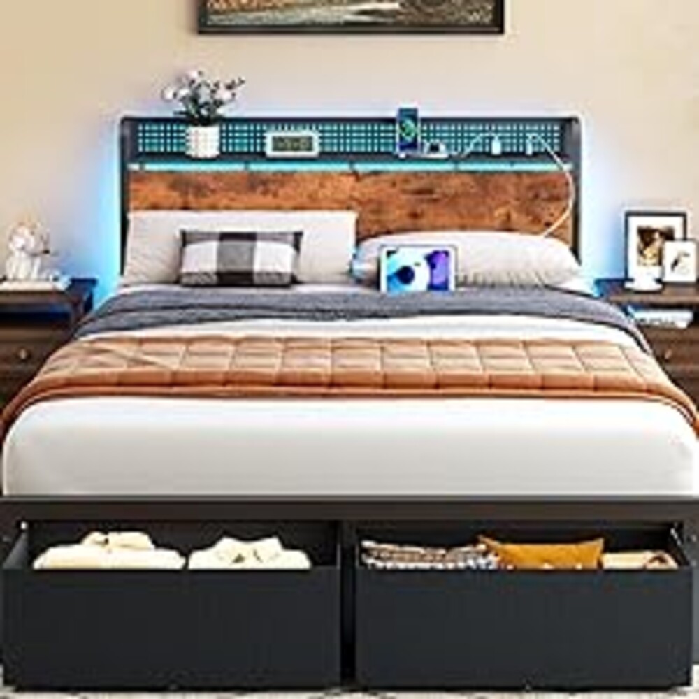 Furnulem Queen Size Bed Frame with Headboard Storage, Platform Bed Frame Queen Size with 2 Drawers, Charging Station and LED Lights, No Box Spring Needed, Noise Free, Easy Assembly (1200 lbs Capacity)