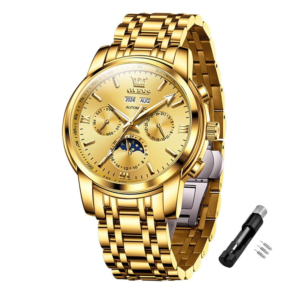 OLEVS Automatic Men Watch Self Winding Mechanical Luxury Dress Moon Phase Stainless Steel Waterproof Luminous Calendar Wrist Watch