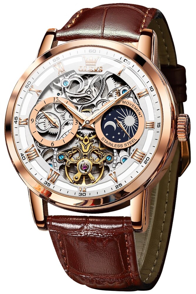 OLEVS Mens Automatic Watches Self-Winding Starry Sky Diamond Skeleton Luxury Wrist Watch Waterproof Luminous