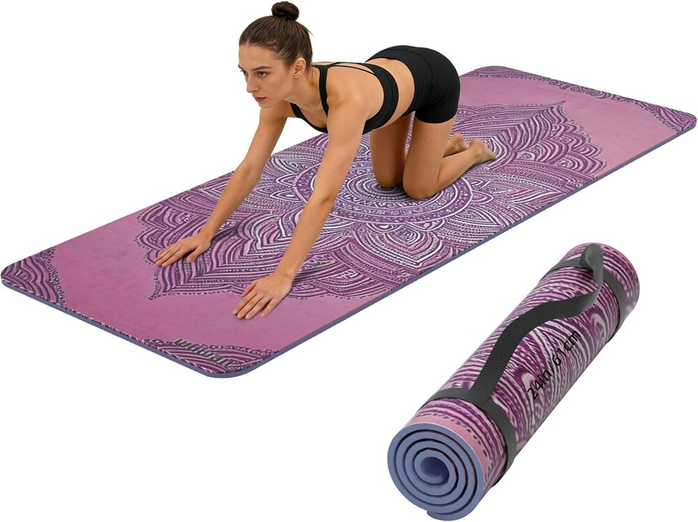 Printed Yoga Mat 72" x 24" Thick 6mm Non-Slip Fitness Exercise Exercise Mat with Strap for Women Men Yoga Pilates Workout Gym Floor Workout (Blue Lotus Flower)