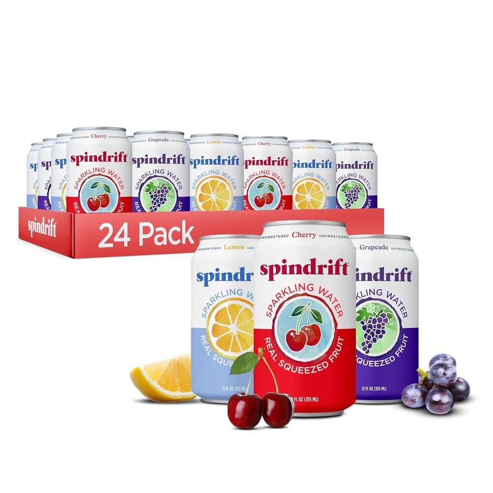 Spindrift Sparkling Water, Americana 3 Flavor Variety Pack, Made with Real Squeezed Fruit, 12 Fl Oz Cans, Pack of 24