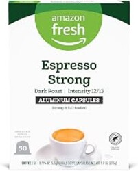 Amazon Fresh Espresso Strong Dark Roast Aluminum Capsules, Compatible with Nespresso Original Brewers, Intensity 12/13, 50 Count (5 Packs of 10)