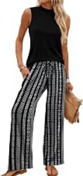 WIHOLL Two Piece Set for Women Summer Spring Outfits Cruise Travel Airport Beach Vacation Mock Neck Wide Leg Pants Set
