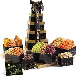 NUT CRAVINGS - Fathers Day Treats, Gift For Dad, Dried Fruit & Mixed Nuts Gift Basket, Black Tower + Ribbon (12 Assortments) Food Arrangement, Healthy Snack Care Package, Kosher