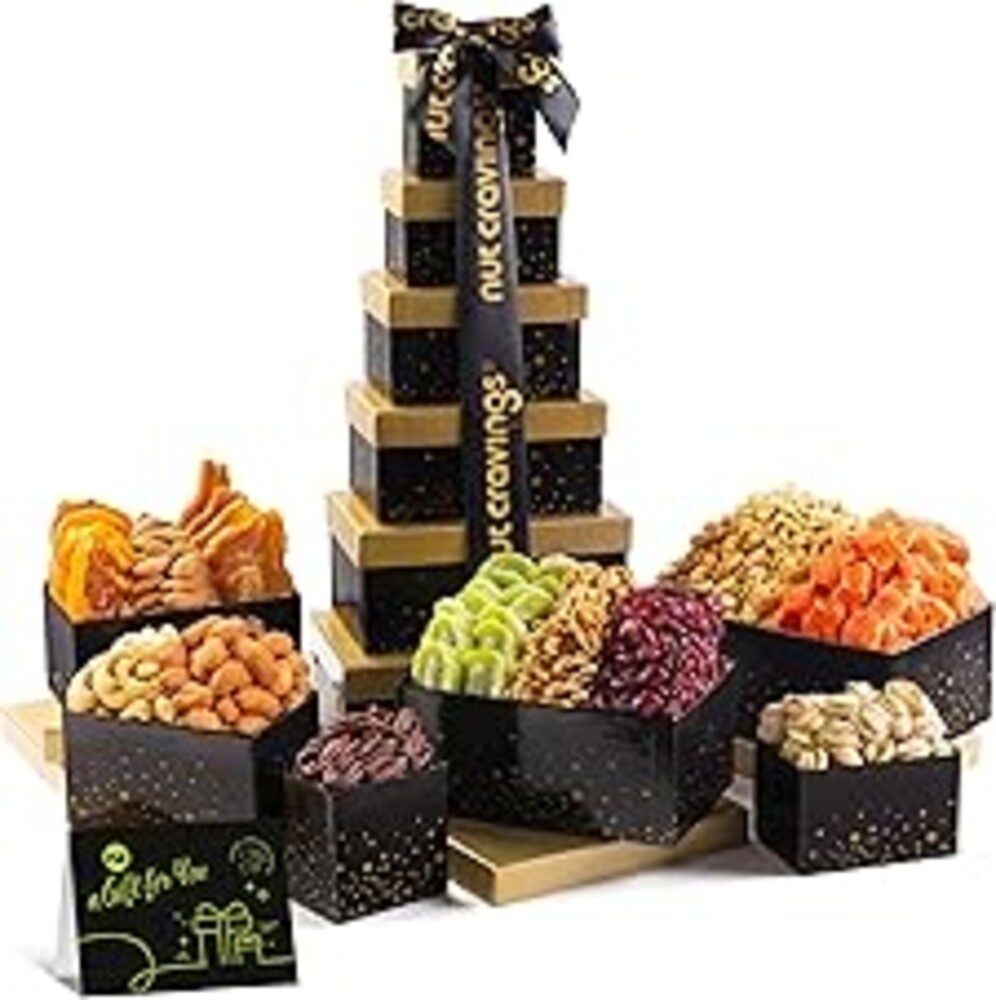 NUT CRAVINGS - Fathers Day Treats, Gift For Dad, Dried Fruit & Mixed Nuts Gift Basket, Black Tower + Ribbon (12 Assortments) Food Arrangement, Healthy Snack Care Package, Kosher