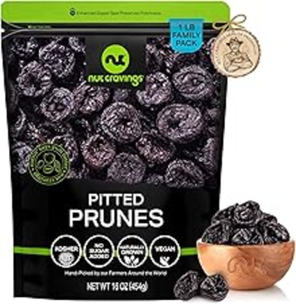 NUT CRAVINGS - Dried Prunes Pitted Unsweetened, Dry Plums No Sugar Added, Unsulphured (16oz, 1 LB) Sweet Healthy Snack, Vegan, Kosher, Resealable Bag