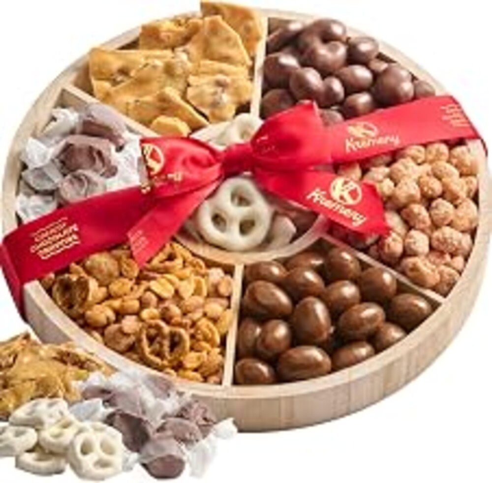 KREMERY Creamy Chocolate Cravings - Fathers Day Treats, Gift For Dad, Chocolate Covered Pretzels, Nuts & Candy Gift Basket (7 Assortments) Sweet Treats in Reusable Round Wooden Tray Ribbon Kosher