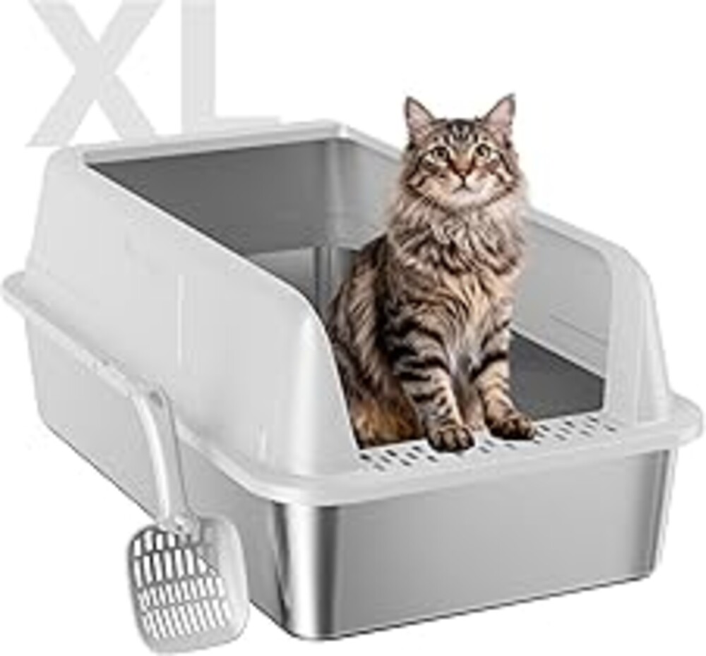 OneBug Stainless Steel XL Cat Litter Box for Cats, High-Sided Design Prevents Urine Leakage, Non-Stick, Easy to Clean, Includes Scoop, Gray
