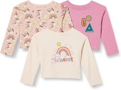 Amazon Essentials Girls and Toddlers' Long Sleeve Cotton T-Shirts, Pack of 3