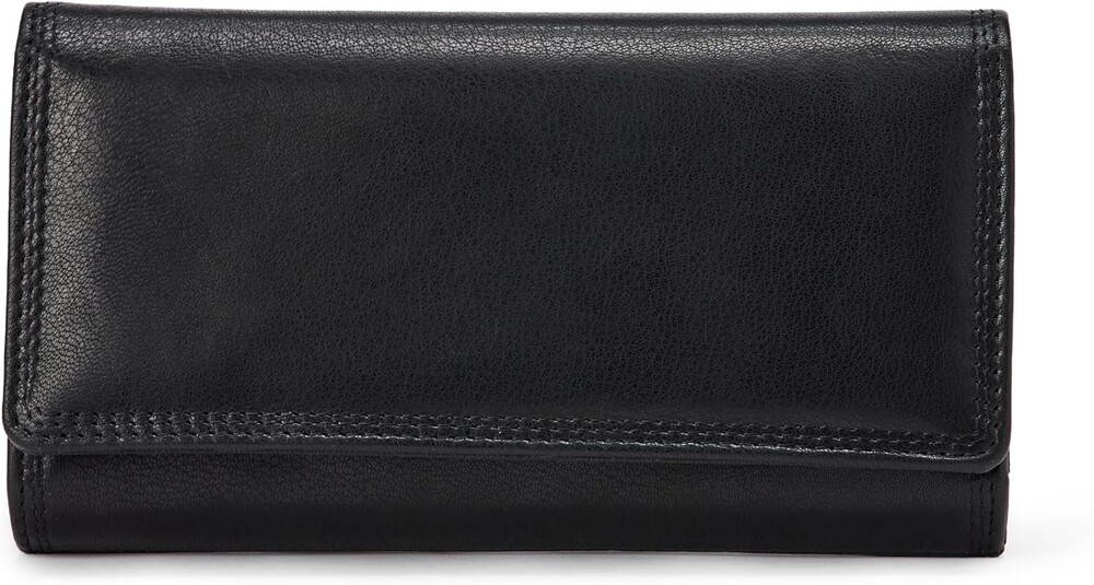 Amazon Essentials Women's Long Flap Continental Leather Wallet with Snap Closure, Black, One Size
