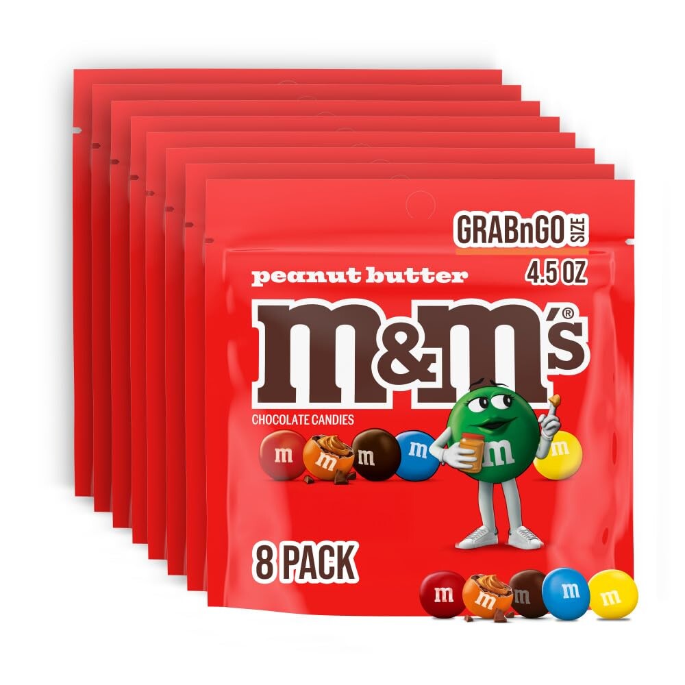 M&M'S Peanut Butter Milk Chocolate Candy, Grab N Go-, 4.5 oz Resealable Bag (Pack of 8)