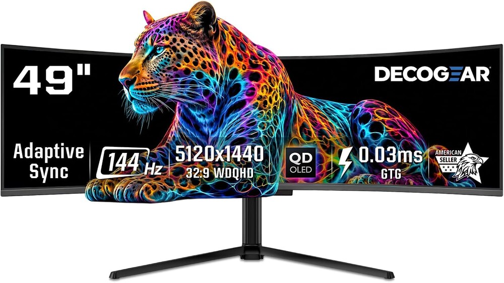 Deco Gear OLED 49 Inch Curved Monitor, 5K2K 5120×1440 Ultrawide Dual QHD, 144HZ, 0.03ms, 32:9 HDR400, Adaptive Sync, R1800 Premium 100% sRGB 90W USB-C, Built-in Speakers Height Adjustable Stand