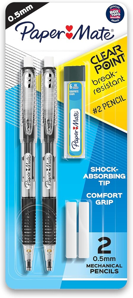 Paper Mate Clearpoint Mechanical Pencils, 0.5mm Break-Resistant HB #2 Lead, Eraser Refills, 2 Count