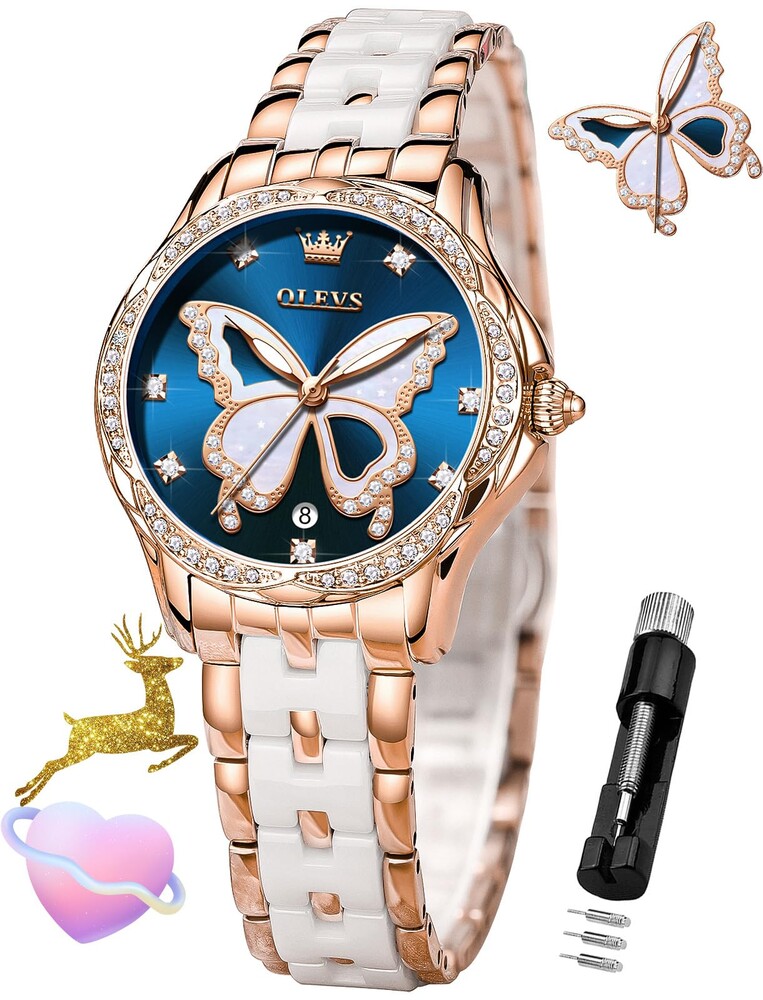 OLEVS Womens Watch Rose Gold Diamond Elegant Ladies Wrist Watch Stainless Steel Ceramic Two Tone Bracelet Waterproof Luminous
