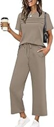 WIHOLL Two Piece Sets for Women Summer Spring Travel Vacation Outfits Short Sleeve Lounge Sets Side Slit Wide Leg Pants S-3XL