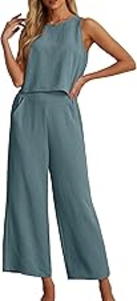 IWOLLENCE Women's Summer 2 Piece Outfits Set Round neck Sleeveless Tank Crop Top Wide Leg pants Set Pockets Jumpsuits
