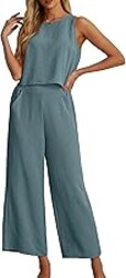 IWOLLENCE Women's Summer 2 Piece Outfits Set Round neck Sleeveless Tank Crop Top Wide Leg pants Set Pockets Jumpsuits