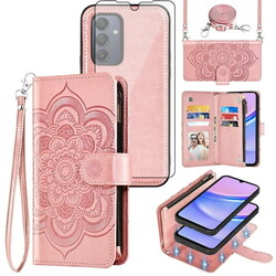 Asuwish Phone Case for Samsung Galaxy A15 5G/4G Zipper Wallet Magnetic Detachable Cell Cover with Tempered Glass Screen Protector Crossbody Strap Flower Card Holder Slot A 15 G5 15A Women Pink
