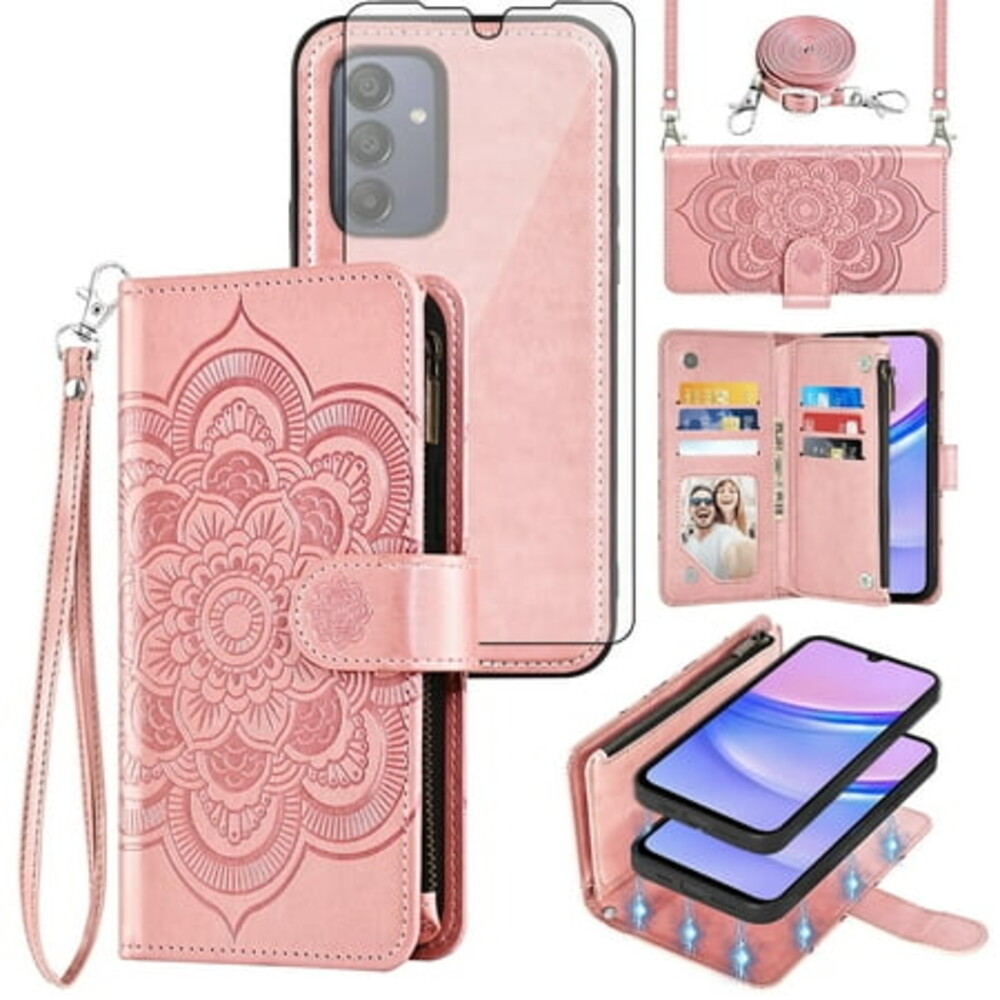 Asuwish Phone Case for Samsung Galaxy A15 5G/4G Zipper Wallet Magnetic Detachable Cell Cover with Tempered Glass Screen Protector Crossbody Strap Flower Card Holder Slot A 15 G5 15A Women Pink