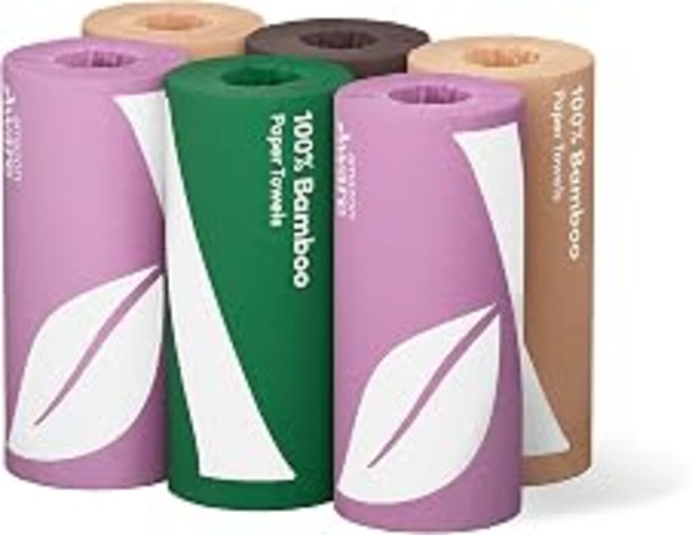 Amazon Aware Bamboo Paper Towels, 6 Rolls, 2 ply, FSC Certified, 150 Sheets, 900 Count, Plastic-Free, Multicolor