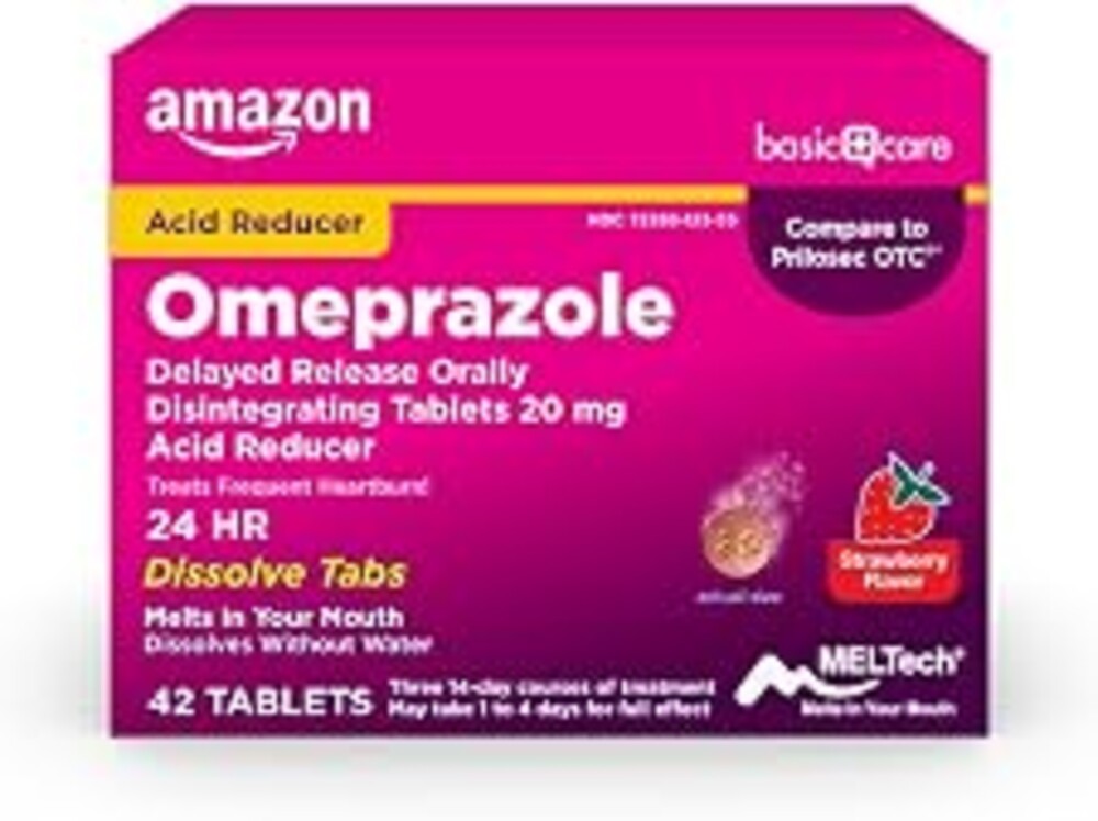 Amazon Basic Care Omeprazole Delayed Release Orally Disintegrating Tablets, 20 mg, Acid Reducer, Strawberry Flavor, 24 Hour Heartburn Medicine, 42 Count