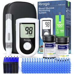 Riroga Blood Glucose Monitor Kit with 100 Glucometer Strips, 100 Lancets, 1 Blood Sugar Monitor,Blood Sugar Test Kit for Home Use,Travel Case for Blood Glucose Monitor Kit,Lancing Device, No Coding