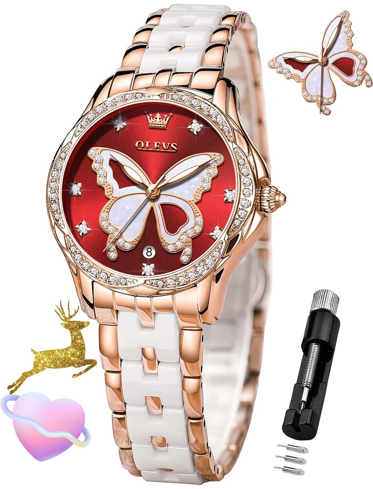 OLEVS Womens Watch Rose Gold Diamond Elegant Ladies Wrist Watch Stainless Steel Ceramic Two Tone Bracelet Waterproof Luminous