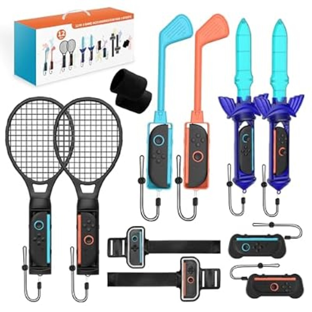 Uxilep Switch Sports Games Accessories Bundle for Nintendo Switch 2 (2025),12 in 1 Family Party Pack for Switch 2 Accessories Kit with Tennis Rackets,Golf Clubs,Chambara Swords,Leg Straps & Joycon Grips