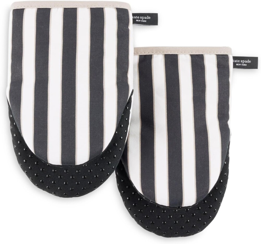kate spade new york Botanical Stripe Mini Oven Mitt 2-Pack Set, 5.5" x 8", Black/Beige